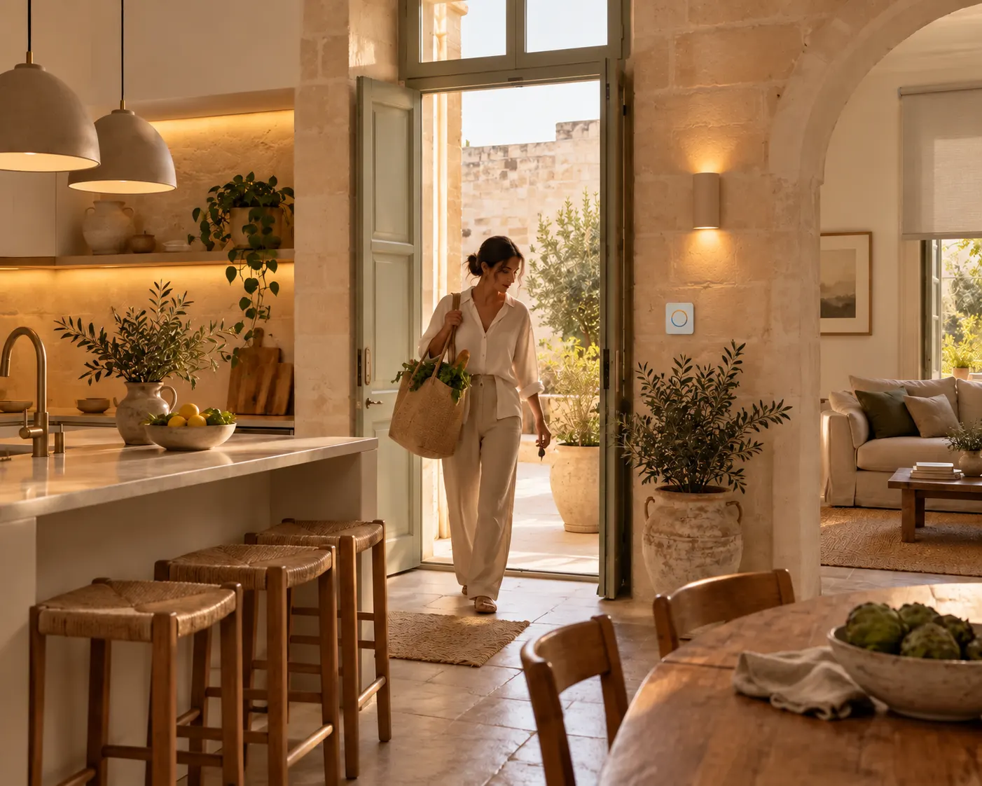 Illustrative person arriving home beside a wall control and roller blind