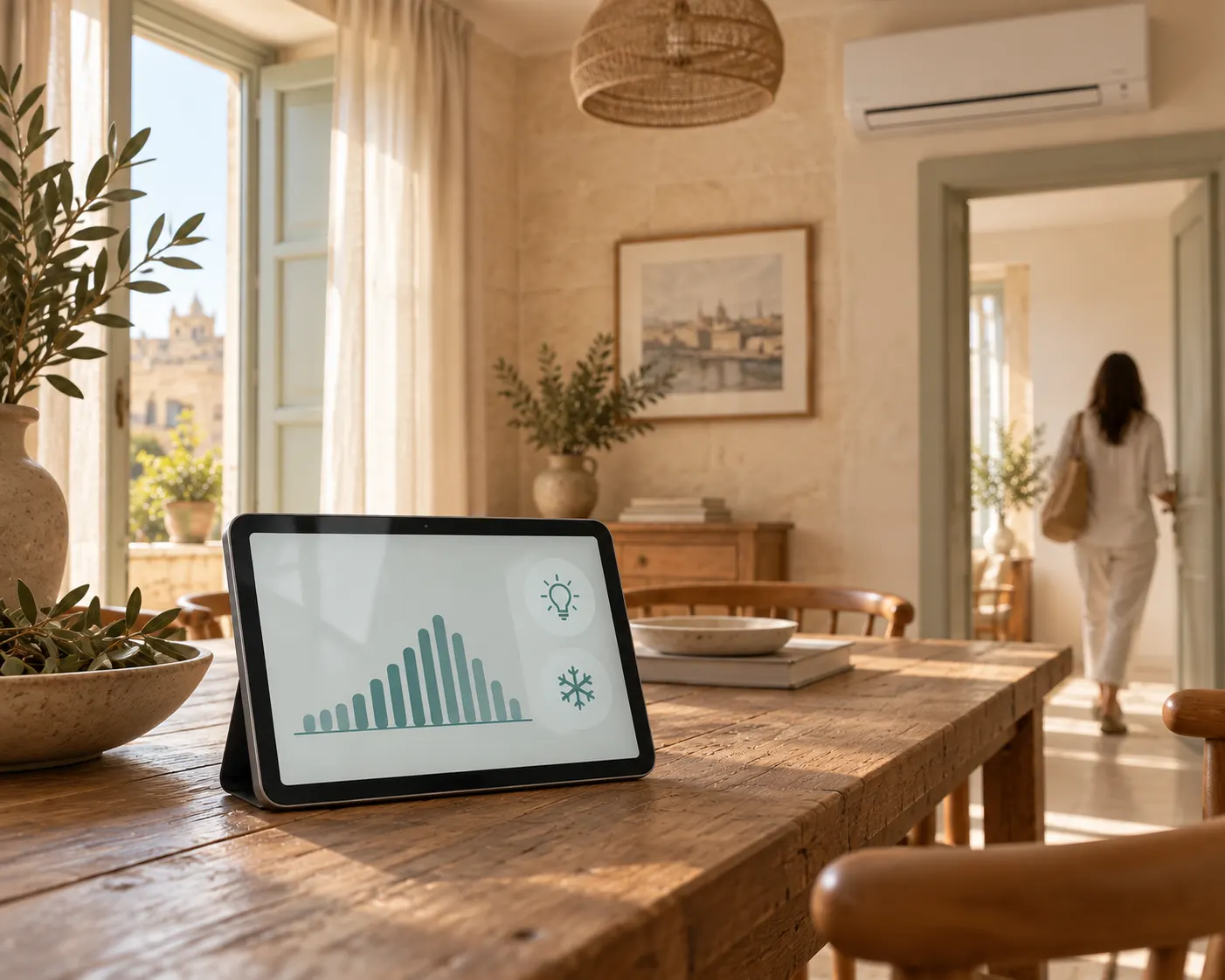 Illustrative home energy display with an air conditioner in the background