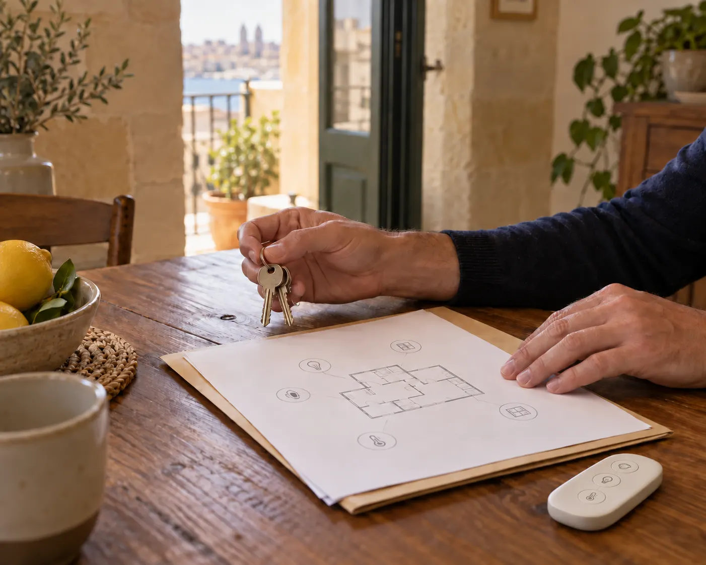 Illustrative homeowner holding keys beside home-system notes and a smart remote
